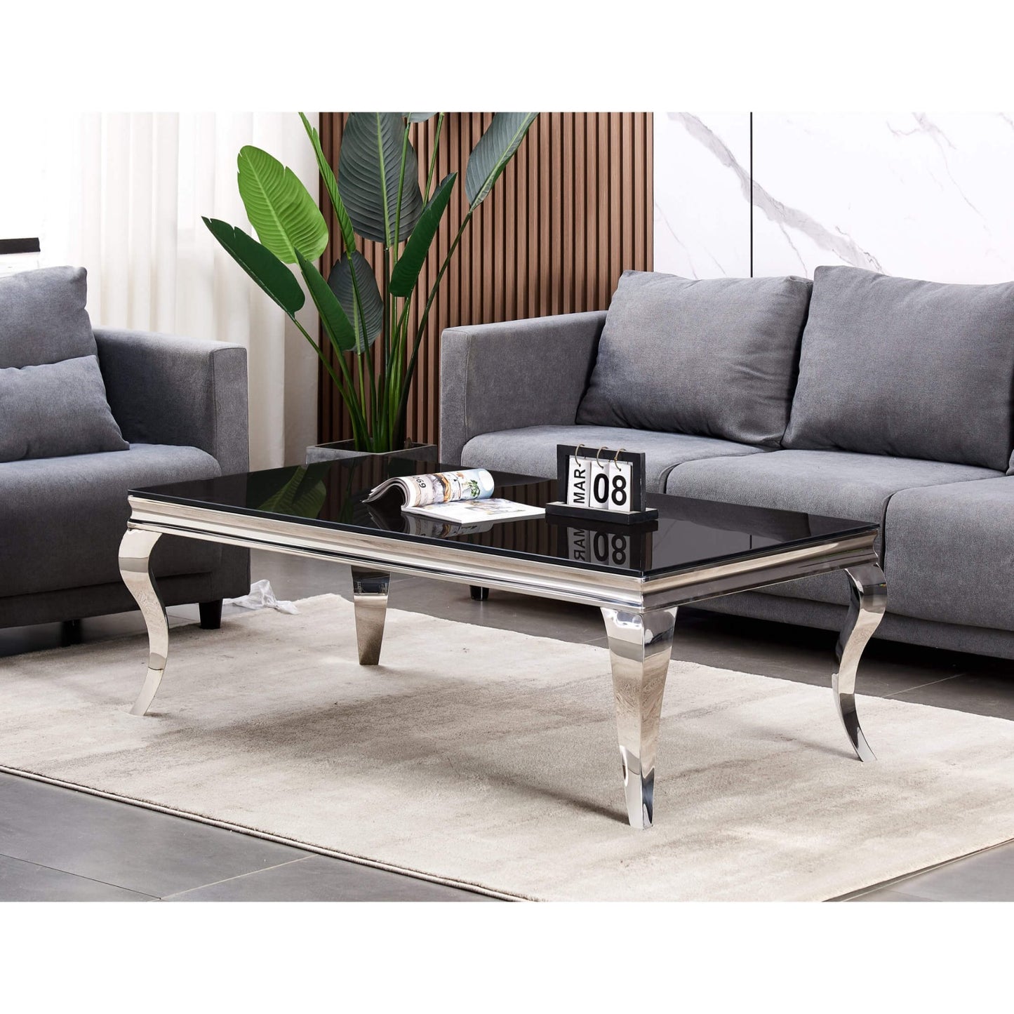 Atlanta Coffee Table Black Glass & Silver Legs – Modern Glass Top - Plushnests