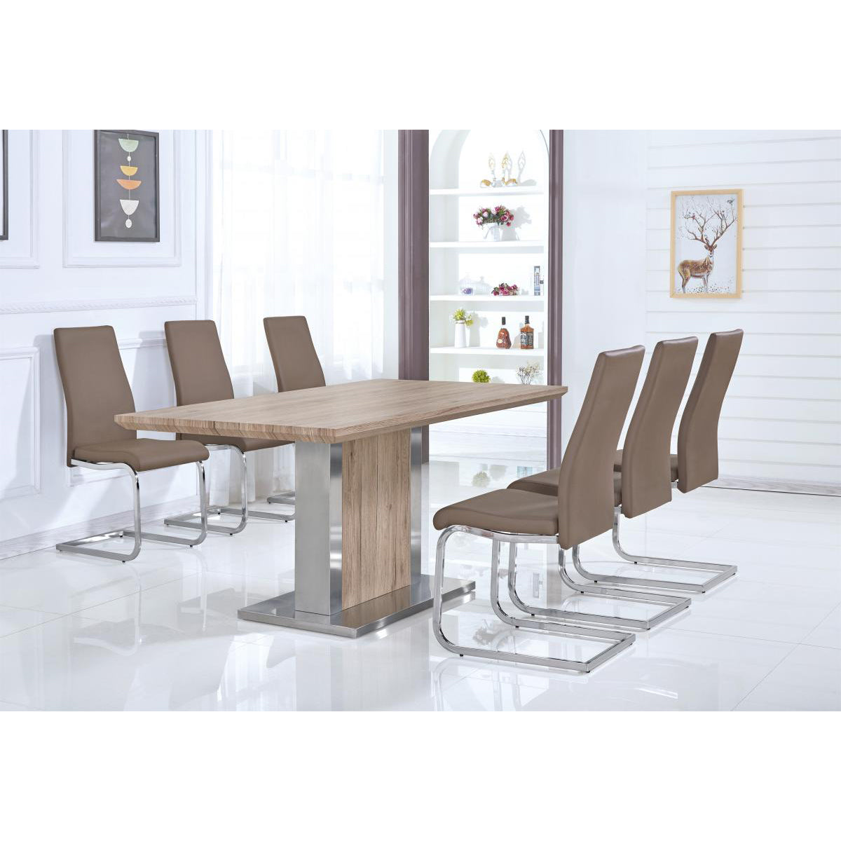 Belize Dining Table Natural Oak Effect with Stainless Steel Base, Modern - Plushnests