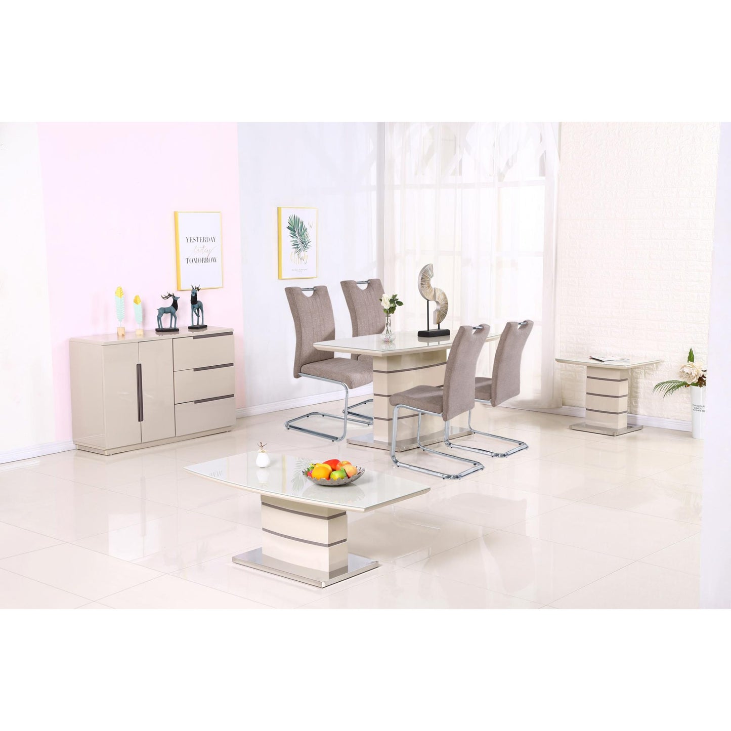 Knightsbridge Small Dining Table - High Gloss Tempered Glass & Stainless Steel - Plushnests