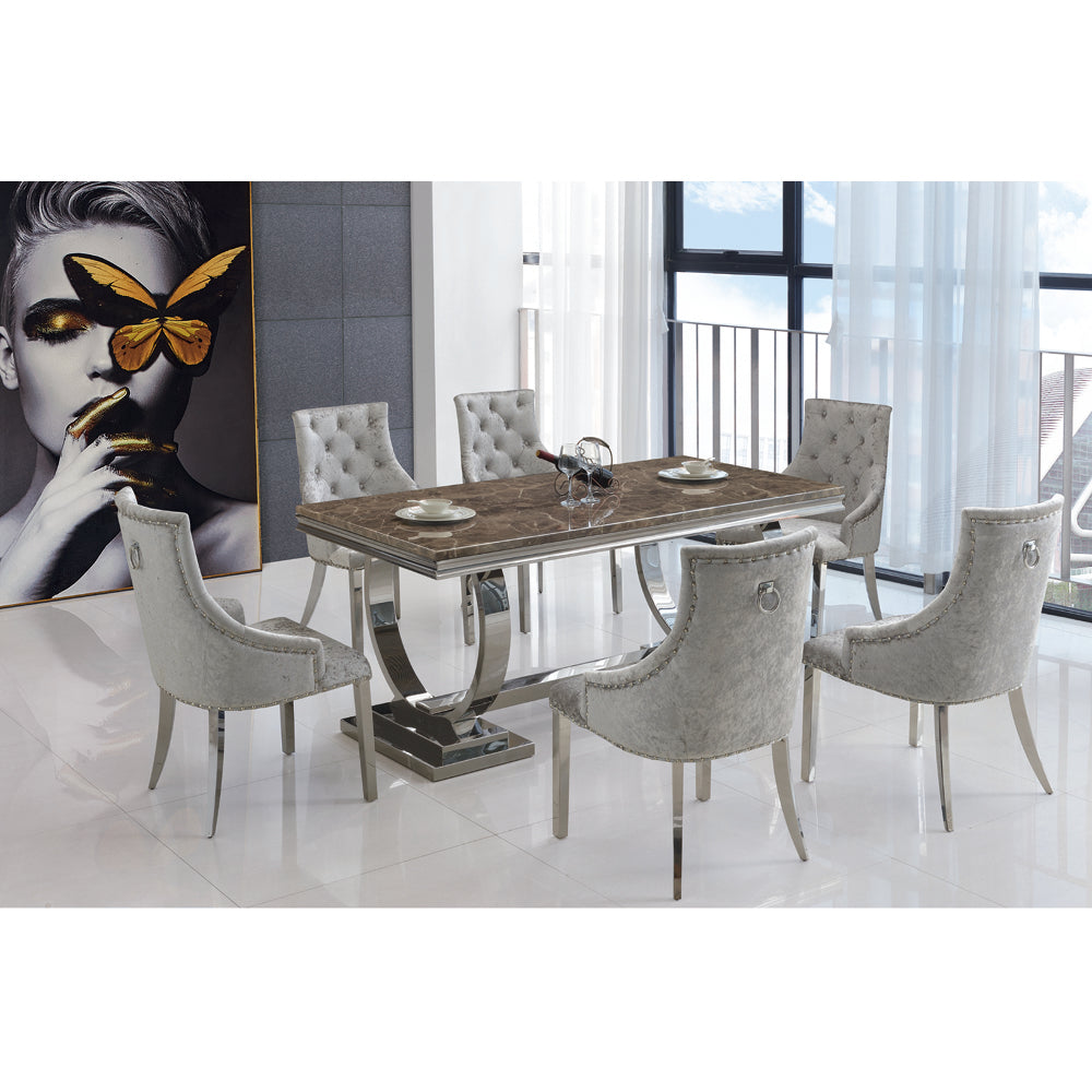 Langa Marble Dining Table - Modern Glass Top & Stainless Steel Base - Plushnests