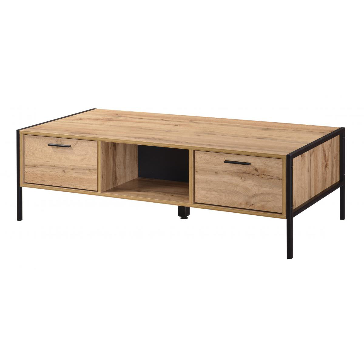 Michigan Coffee Table 2 Drawer – Oak Effect, Black Metal Frame, Modern - Plushnests