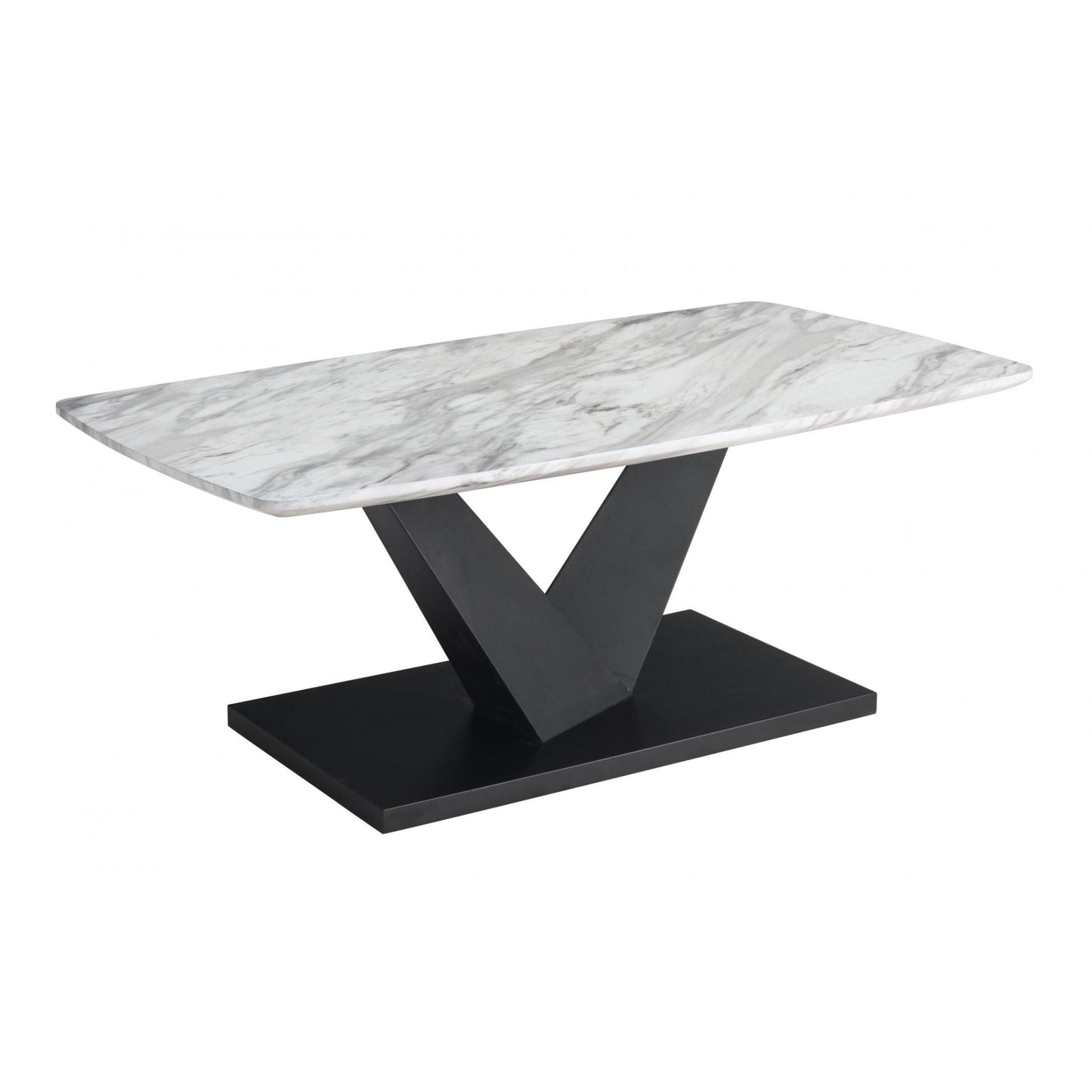 Milo Marble Effect Coffee Table – Modern Black Metal Base, Glass Top - Plushnests