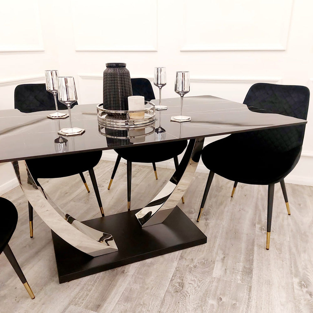 Venus 1.6 Chrome Dining Table - Black Sintered Top | Modern Round Table - Plushnests
