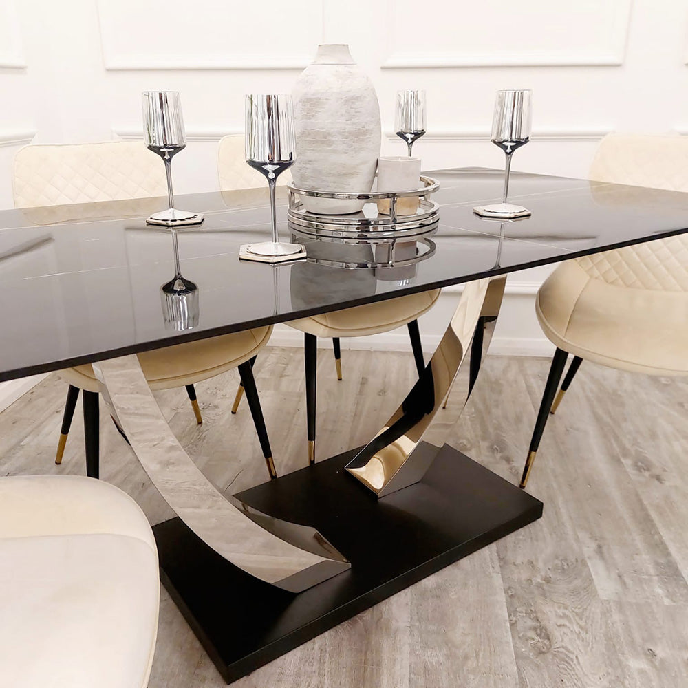 Venus Dining Table with 4 Flora Chairs - Black Glass Top, Modern Design - Plushnests