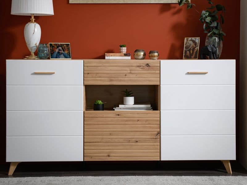 Bretanova Slatted Oak Effect & White Gloss Sideboard – Modern 3-Door - Plushnests