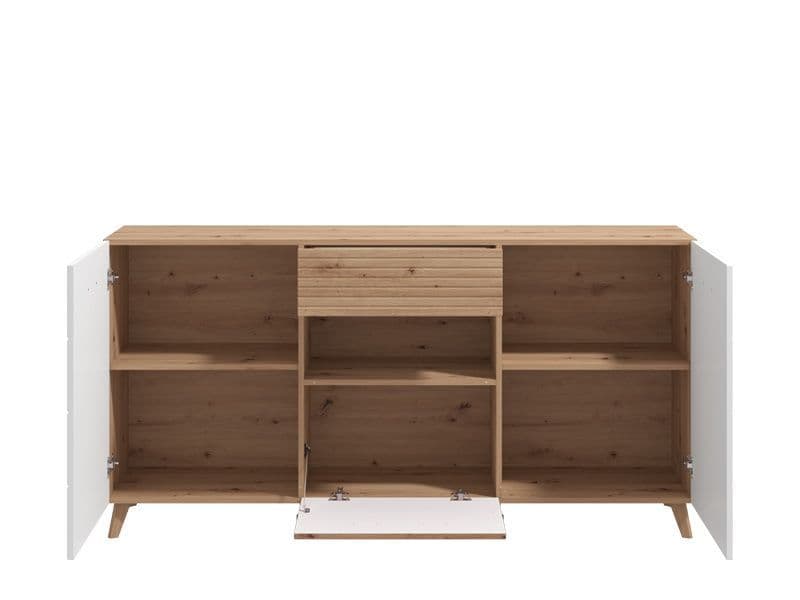 Bretanova Slatted Oak Effect & White Gloss Sideboard – Modern 3-Door - Plushnests