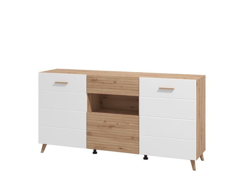 Bretanova Slatted Oak Effect & White Gloss Sideboard – Modern 3-Door - Plushnests