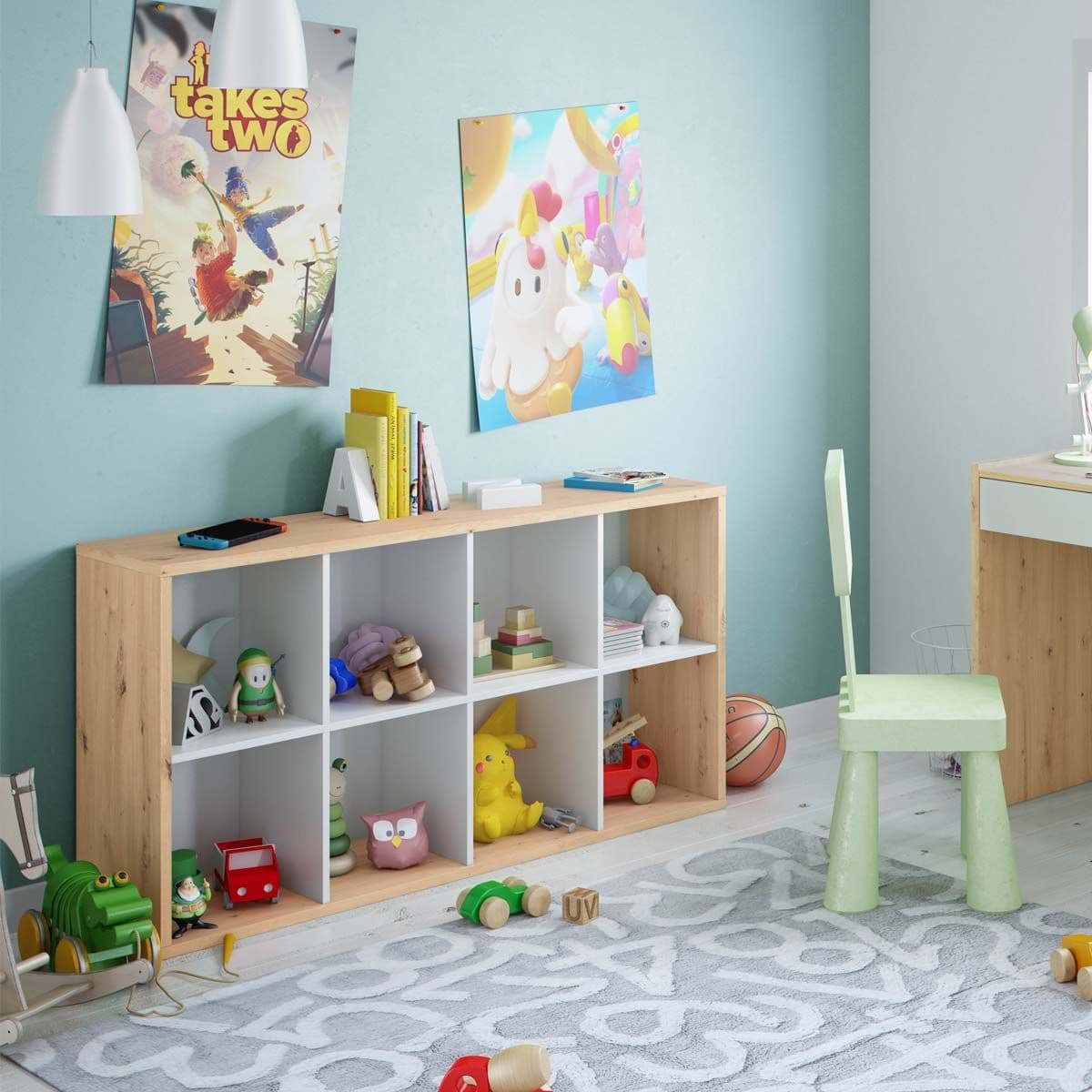 Danso Arctic White and Oak Bookshelf - Modern 8 Compartment Bookcase - Plushnests