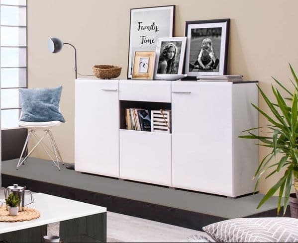 Royce White 3-Door Sideboard | Modern Gloss White & Black Top Storage - Plushnests