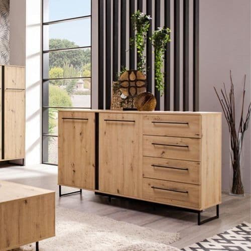 Sorrento Oak Effect 2 Door 4 Drawer Sideboard | Rustic & Modern Storage - Plushnests