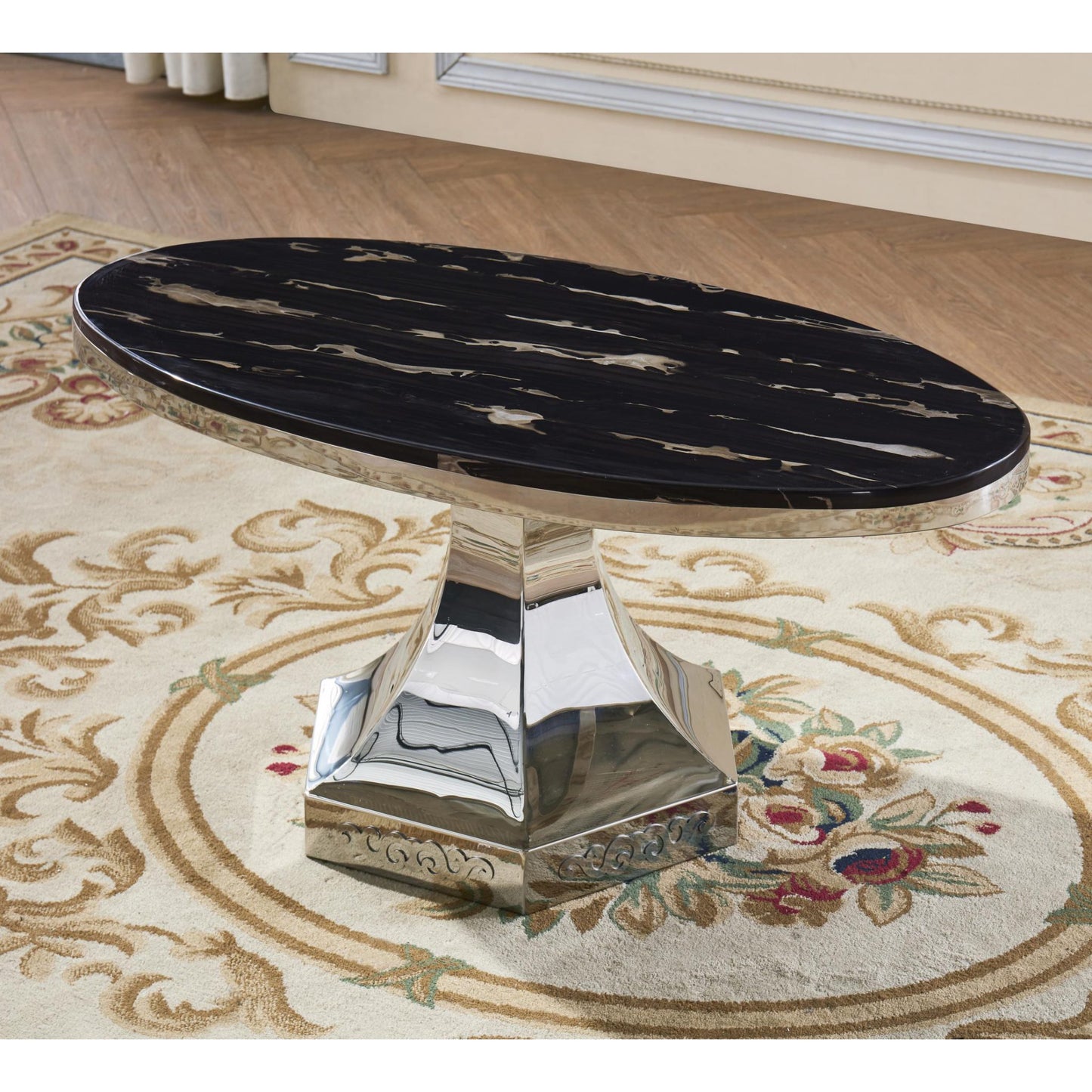 Vasto Marble Coffee Table - Glass Top, Stainless Steel Base, Modern - Plushnests