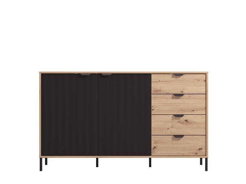 Vilamoura Oak Effect & Black Sideboard | Modern 2-Door 4-Drawer Storage - Plushnests