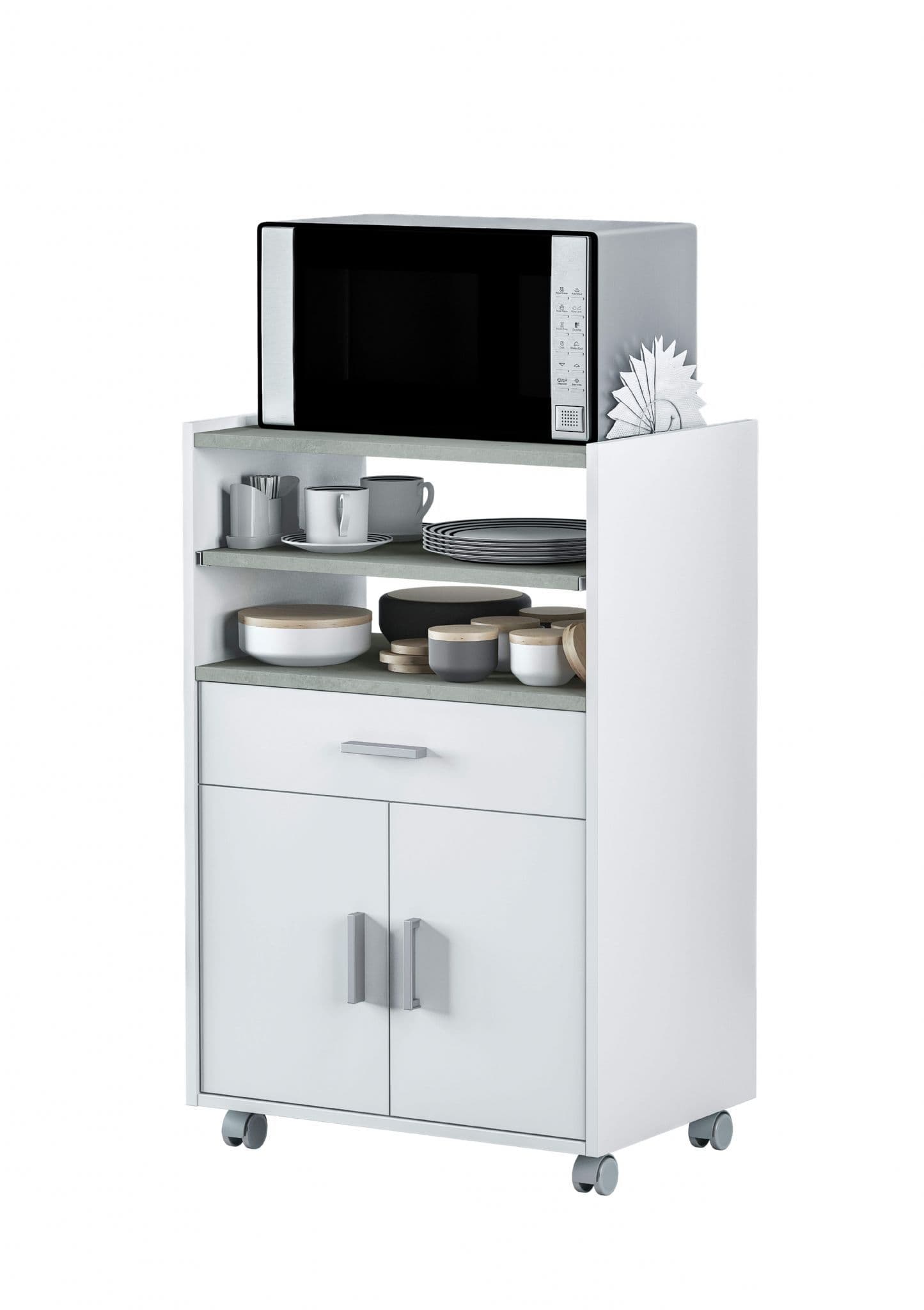 Zidan White and Grey Kitchen Trolley – 2-Door, 1-Drawer, Pull-Out Shelf - Plushnests