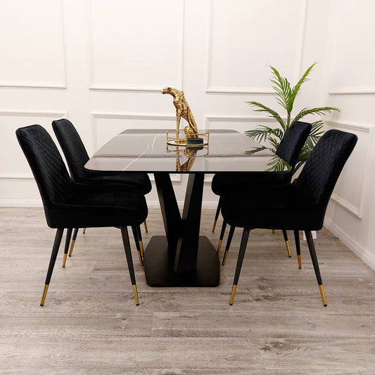 apollo 1.6 black dining table with sintered stone top with black chairs