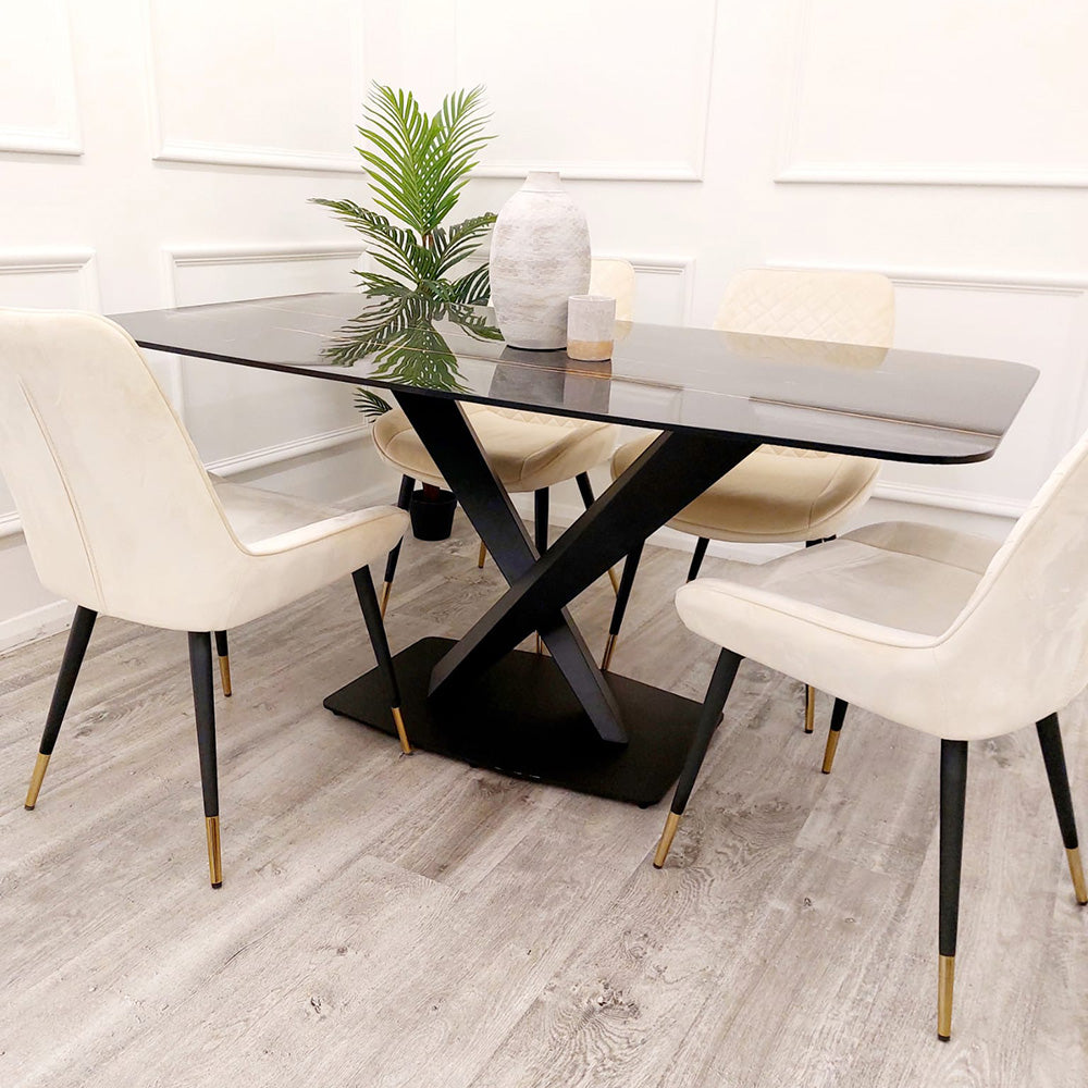 apollo 1.6 black dining table with sintered top with cream chairs