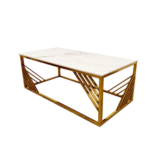 white sintered glass top gold coffee table