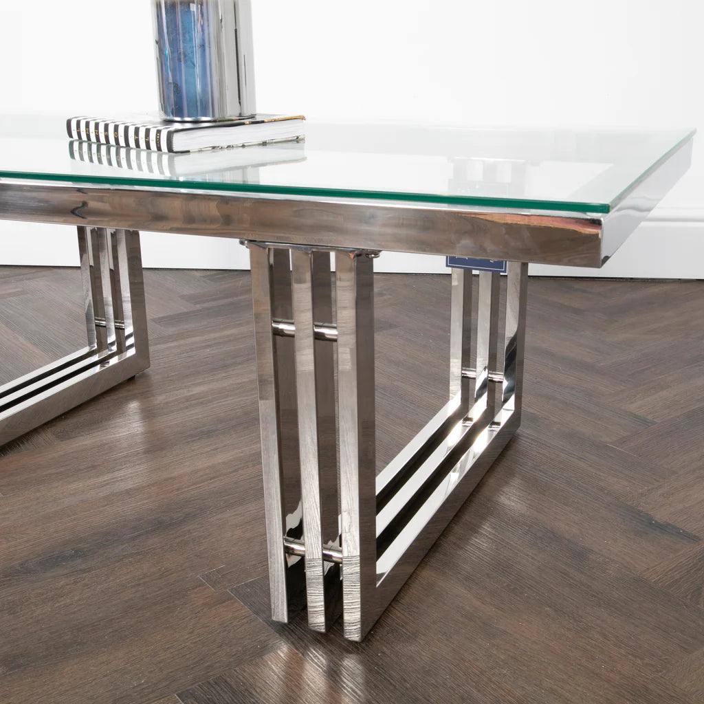 glass top silver table