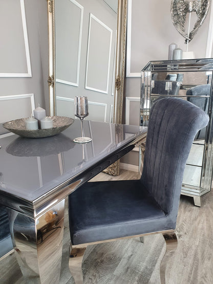 Megan velvet chairs with grey glass dining table