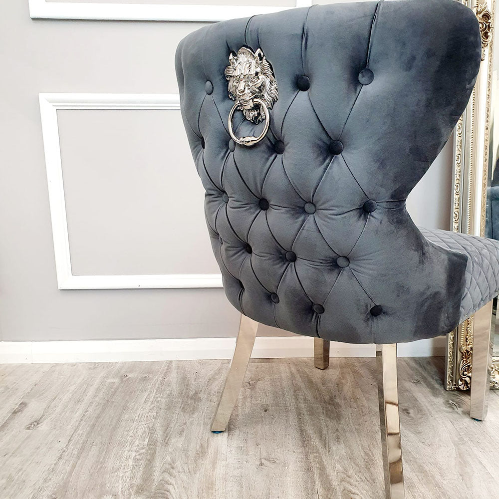 Chelsea Dining Chair ALL COLOURS with Lion Knocker & Buttoned Back - Plushnests 