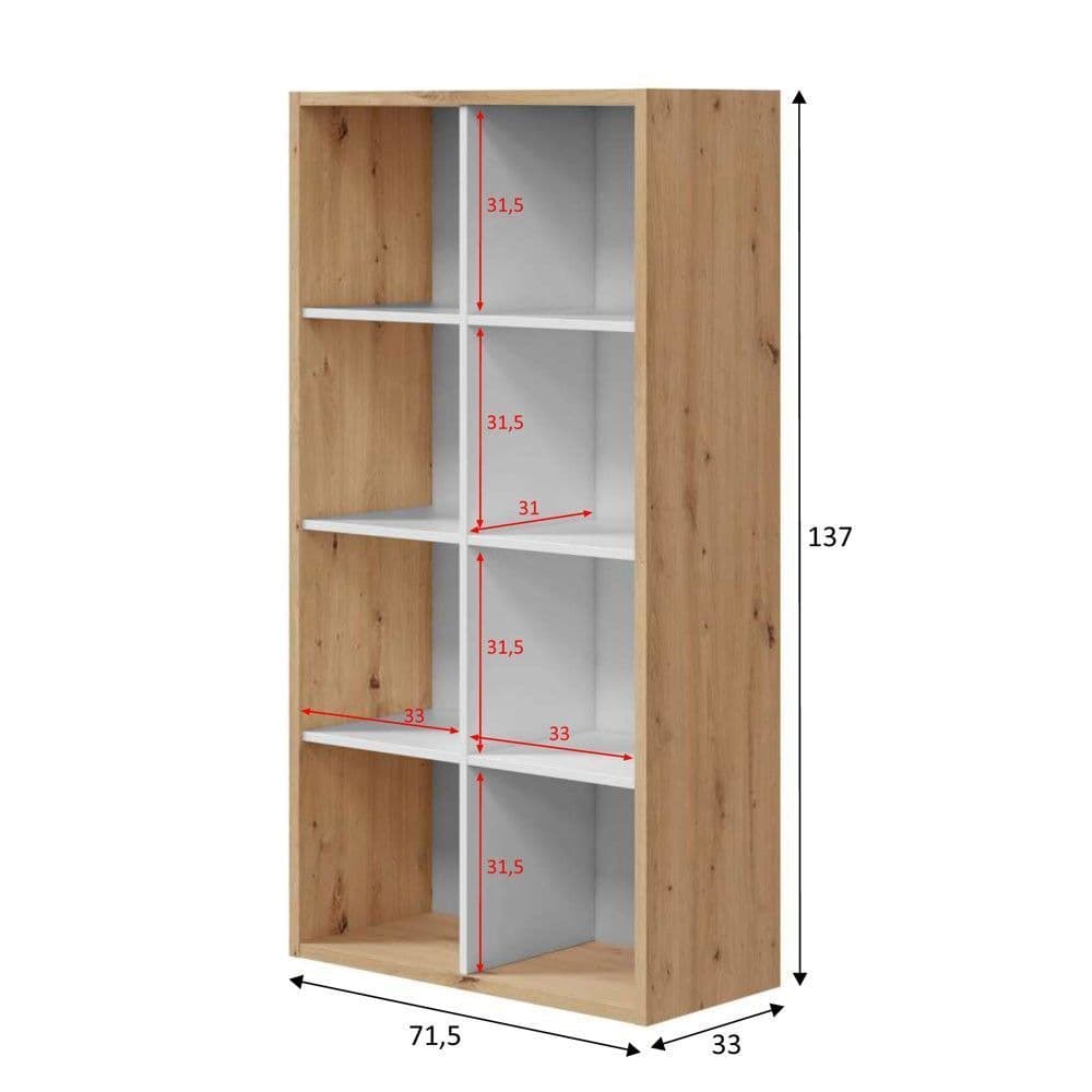 Danso Arctic White and Oak Bookshelf - Modern 8 Compartment Bookcase