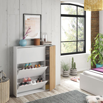 Dempsey Natural Oak Effect and White Large Shoe Cabinet with Drawer - Hallway Storage Solution