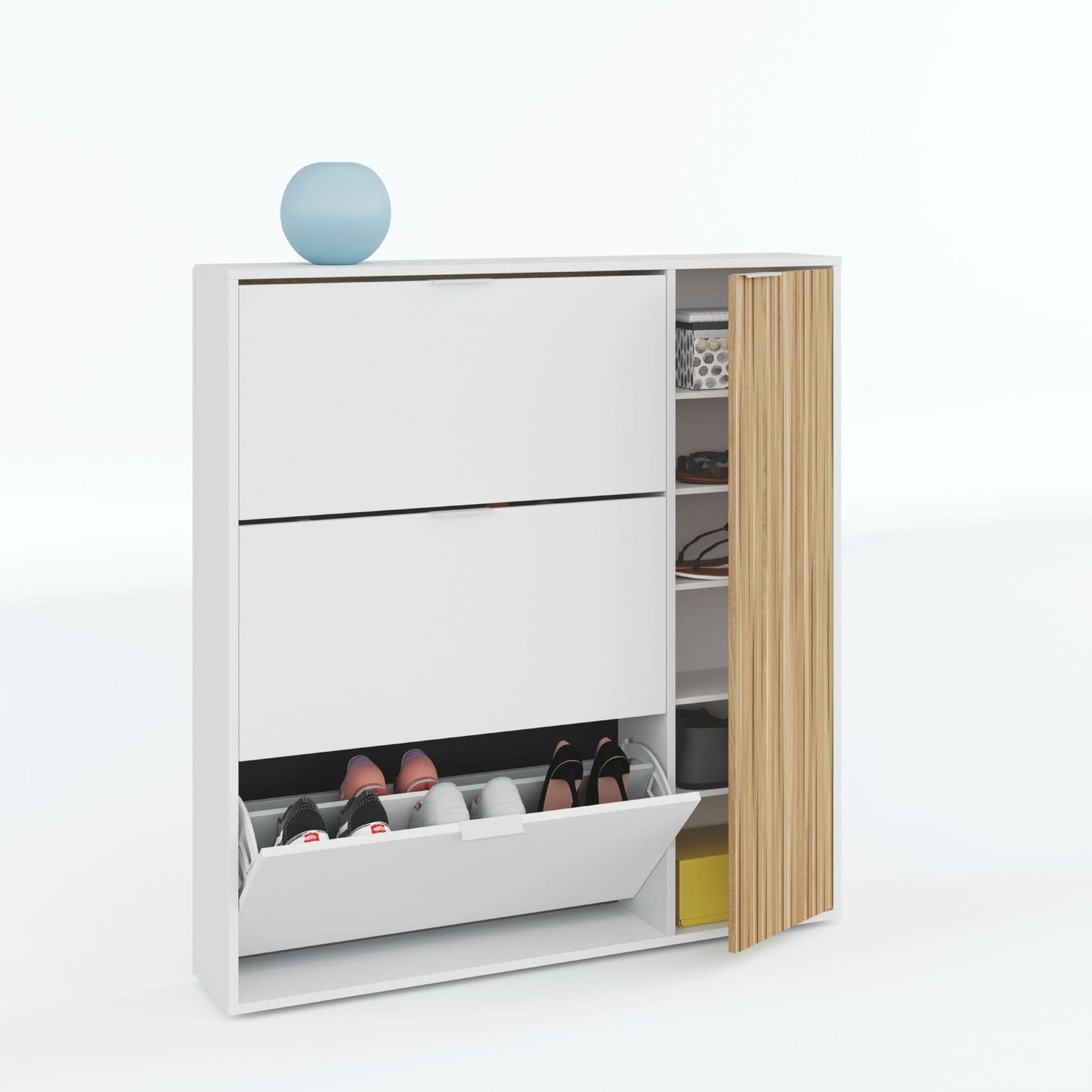 Dempsey Natural Oak Effect and White Large Shoe Cabinet with Drawer - Hallway Storage Solution