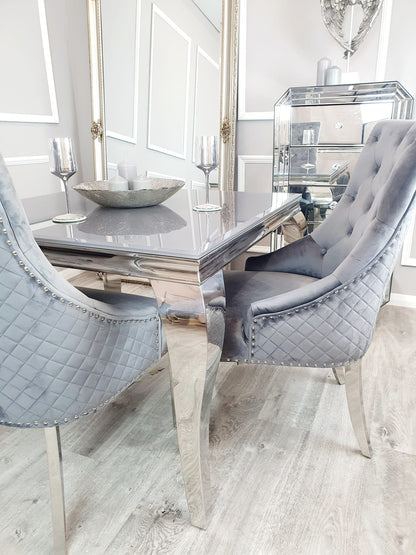 Louis 2m grey glass  dining table with velvet dining chairs