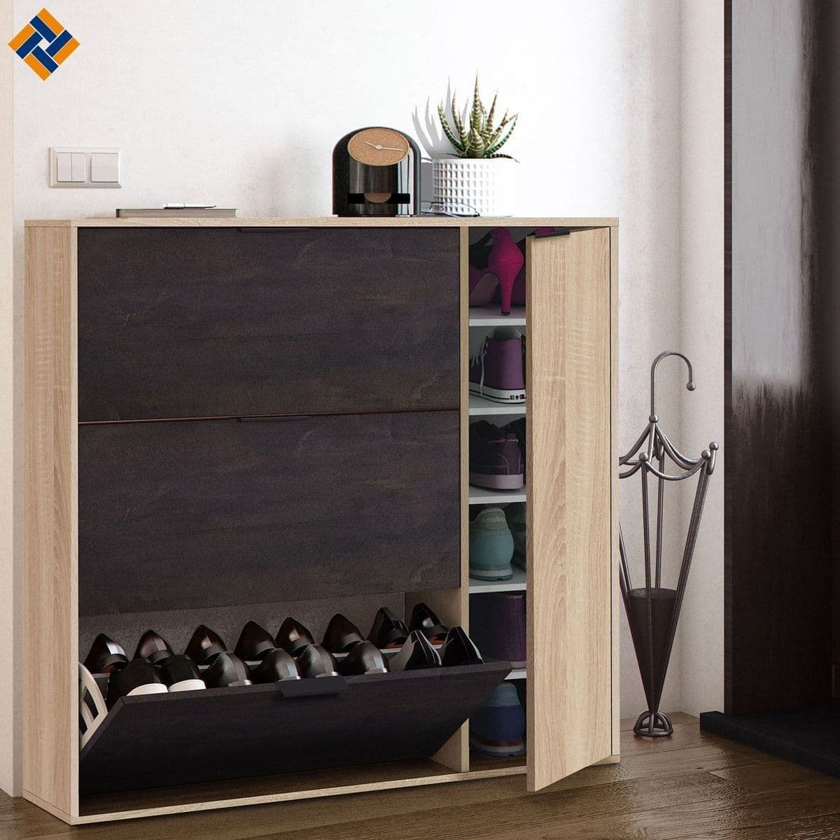 marcos-oak-effect-and-oxido-dark-brown-shoe-cabinet-with-4-doors with lots of storage space