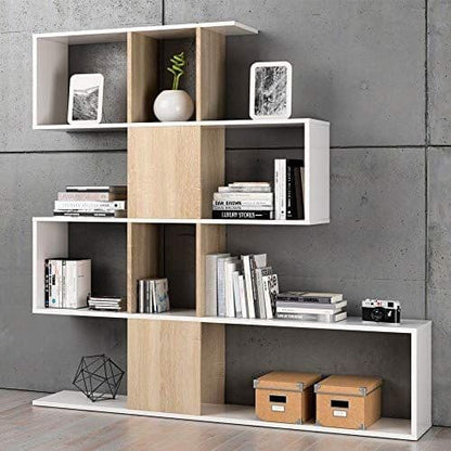 Zaga White and Oak Gloss Bookcase - Contemporary, 10 Shelf Bookshelf