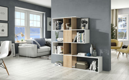 Zaga White and Oak Gloss Bookcase - Contemporary, 10 Shelf Bookshelf